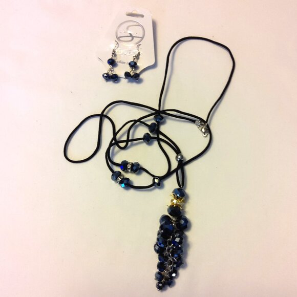 NEW Shelley Long Black Leather Necklace Black Beads Dangle Pendant with Earrings - Picture 4 of 8